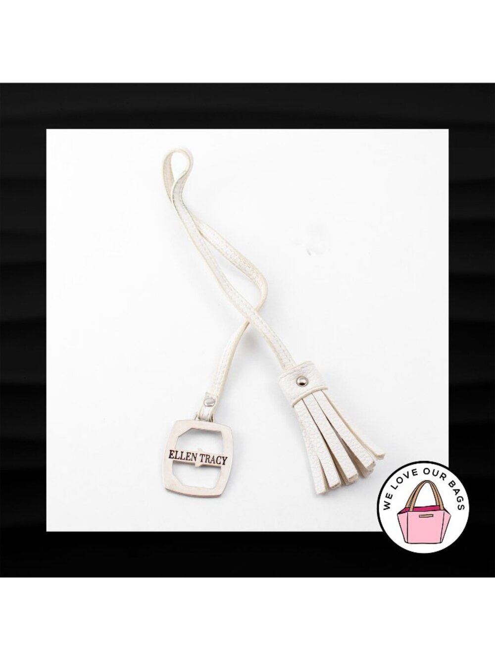 ELLEN TRACY WHITE IVORY LEATHER BRAIDED TASSEL NICKEL FOB CHARM KEYCHAIN HANGTAG